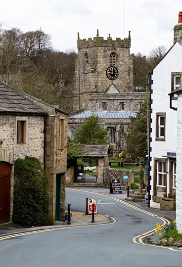 village street with church tower