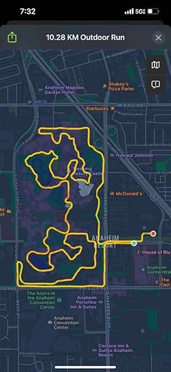 An Apple Maps map showing the 10K route taken by the author as it winds through Disney's California Adventure and Disneyland.