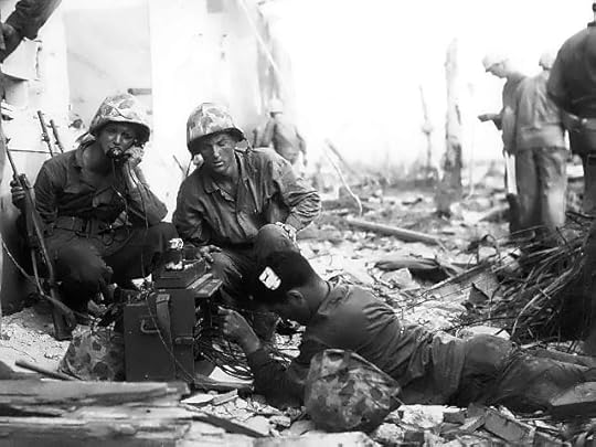 US Marine signalmen setting up a command post in the streets of Roi-Namur, Kwajalein, Marshall Islands, 1 Feb 1944 (US National Archives)