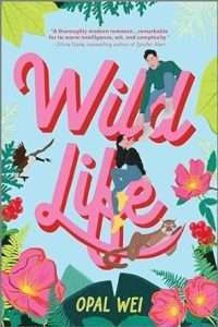 Illustrated cover in tropical colours of blue and pink featuring large cursive titles. On top of the 