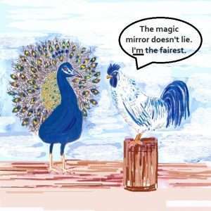 cartoon fowl being people-watched