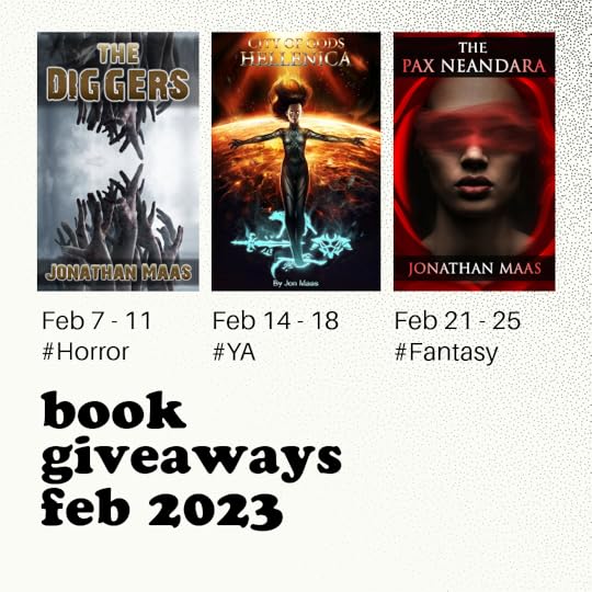 February schedule for book giveaways - The Diggers City of Gods Hellenica The Pax Neandara