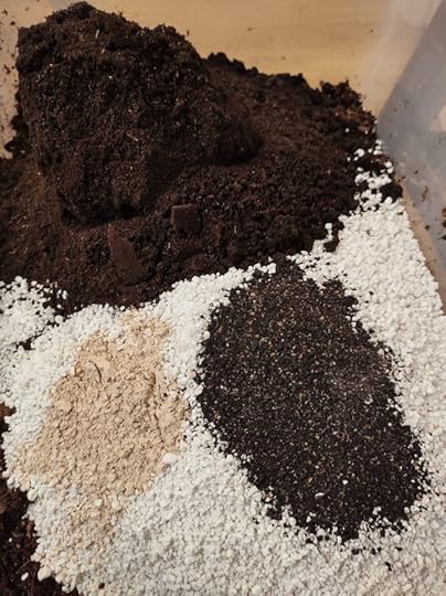 Seed Starting mix of ingredients including compost, coconut coir, perlite, blood meal, bone meal, azomite clay.