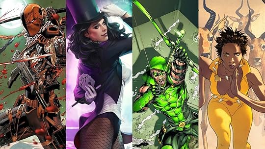 DC heroes from L to R; Deathstroke, Zatanna, Green Arrow, and Vixen.