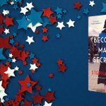 Blue and stars background with the cover of Becoming Madam Secretary on it