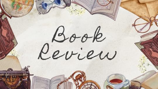 banner that says book review, objects scattered around the edges like books, tea, a typewriter, globe, glasses, envelopes and an hourglass.