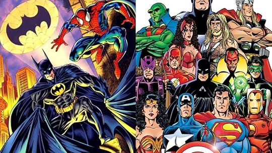 Spider-Man and Batman, art by Mark Bagley (L), and the JLA and Avengers, art by George Perez (R).