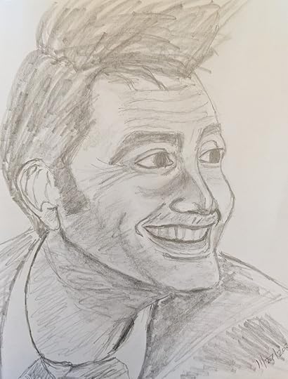 A pencil sketch of the actor David Tennant portraying the Fourteenth Doctor in Doctor Who. He has a broad smile on his face while looking to his right. His hair is spiked up on top, and he's wearing a collared shirt and tie under his overcoat.