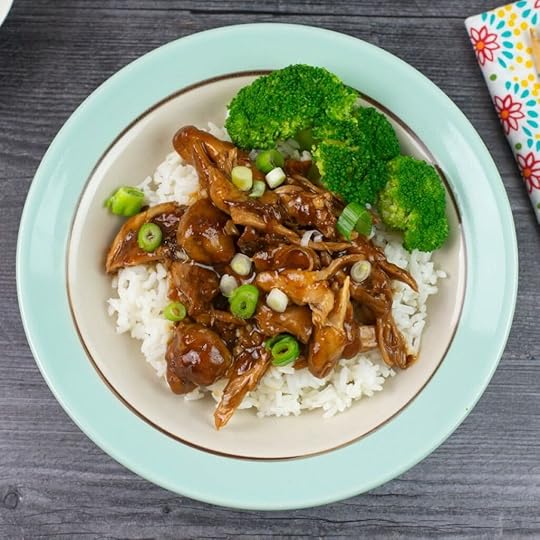 Single serving of Instant Pot Chicken Adobo over rice with steamed broccoli.