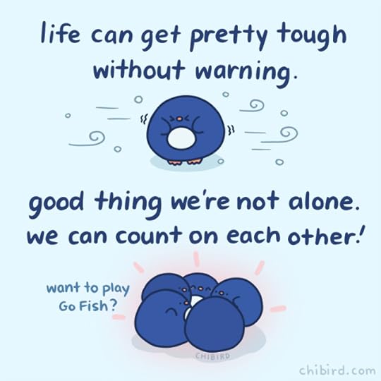 life can get pretty tough without warning. [penguin in the cold wind]good thing we're not alone. we can count on each other! [penguins huddled together for warmth]