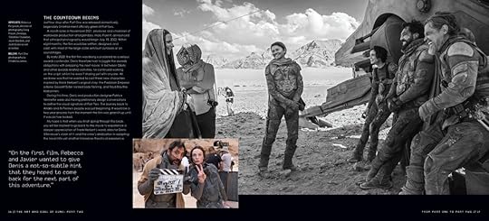 A black and white photo from the set of Dune with a colorful insert photo from The Art and Soul of Dune: Part Two