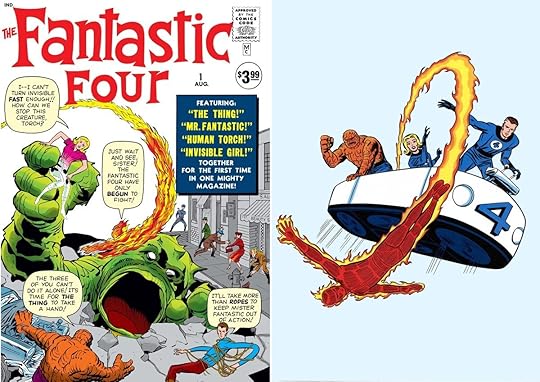 The cover art for Fantastic Four #1 by Jack Kirby, and the team in their early days.