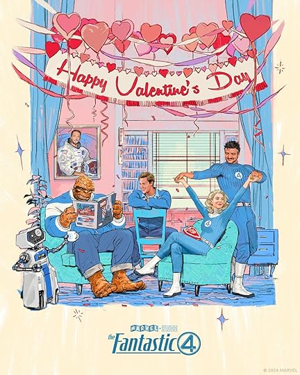A drawing of the MCU's Fantastic Four cast sitting and hanging out in a good mood on a couch in the Fantastic Four casting announcement