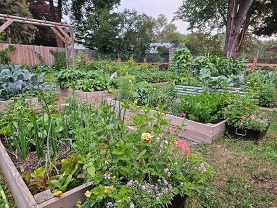 Side view of a vegetable garden with a mix of flowers and vegetables growing in summer.