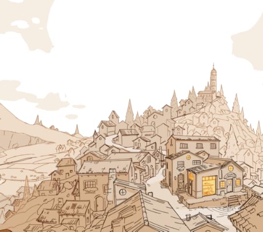 A sketch of the town, with the bakery near the front, and buildings rolling back into the distance. A bell tower is at the top of a hill.