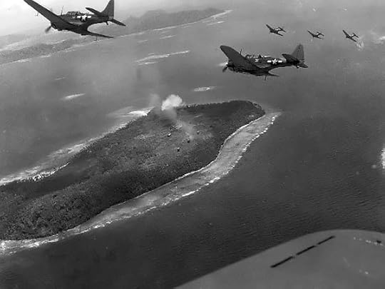 US Navy SBD Dauntless bombers of Bombing Squadron 16 (VB-16) off USS Lexington over Param Island, Truk Atoll, 17-18 February 1944 (US National Museum of Naval Aviation: NNAM.1996.253.688)