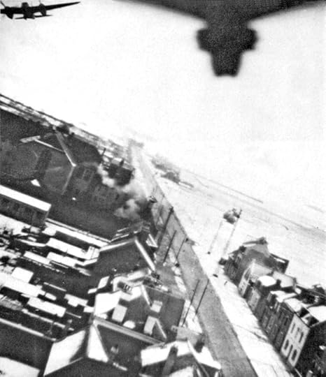 Mosquito aircraft of RNZAF bombing prison (center left) at Amiens, France, 18 February 1944 (United Kingdom government photo)