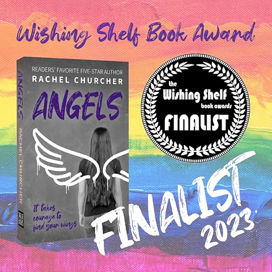 Angels paperback against a rainbow background with finalist announcement
