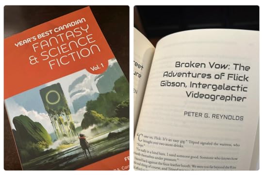 Book Cover with the title Year's Best Canadian Fantasy & Science Fiction. Also showing the inside of the book, featuring the short story 