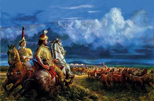 An illustration of Scythians and their horses of heaven. Perhaps, this could be a depiction of Itaz and Heliokleia when they were at Eagle Crag, the shape of the clouds above is the perfect representation of a white stallion that visited them out of nowhere.