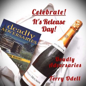 Celebrating Release Day of Deadly Adversaries. Bottle of champagne and a copy of the book.