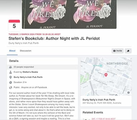 Tuesday, 5 March 2024 from 18:30���20:30 AWST Stefen���s Bookclub: Author Night with JL Peridot, Durty Nelly���s Irish Pub Perth