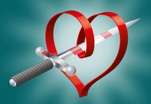 New website logo showing an outline of a red heart with a dagger going through it, against a teal background