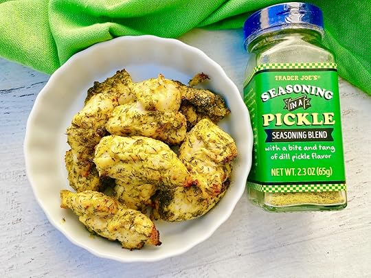 air fryer dill chicken bites with trader joe's in a pickle seasoning and dill pickle mustard