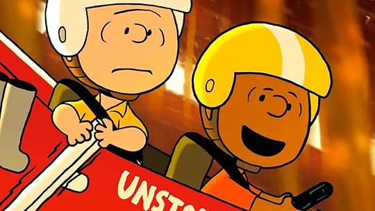 Franklin drives and Charlie Brown seems nervous as they both wear helmets in a racing cart in Welcome Home, Franklin