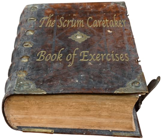A worn leather-bound book with the title 'The Scrum Caretaker Book of Exercises' embossed in gold lettering on the cover.