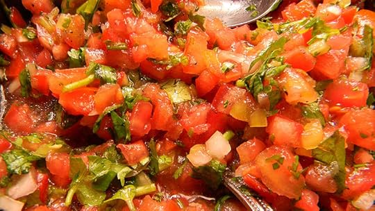 The Chilean inspiration in my romance books: Close up of pebre; you can see tomato, onion, and cilantro predominantly, all finely chopped.