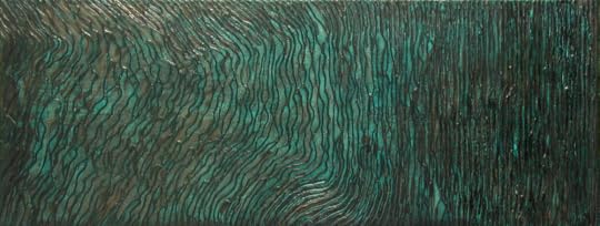 Metal on Canvas artwork by Ben Fearnside in turquoise with copper and brass rippling metal. Looks like a soundwave