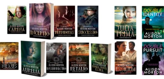 array of covers of the complete works of Alison Morton