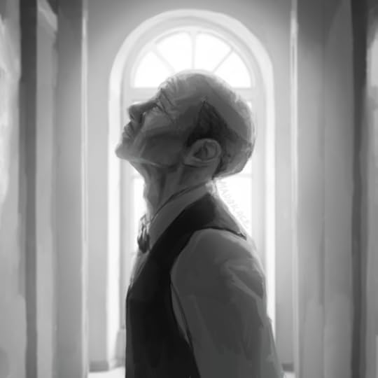 A black and white side profile view of Alfred Pennyworth. He is backlit from sunlight coming through a window. 