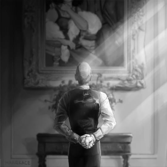 Alfred Pennyworth viewed from behind, looking up at an ornately framed oil painting of the late Martha and Thomas Wayne. He is strongly lit by sunlight. 