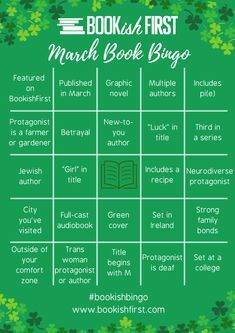 This may contain: the bookish march book bingo game with shamrock leaves and clovers around it