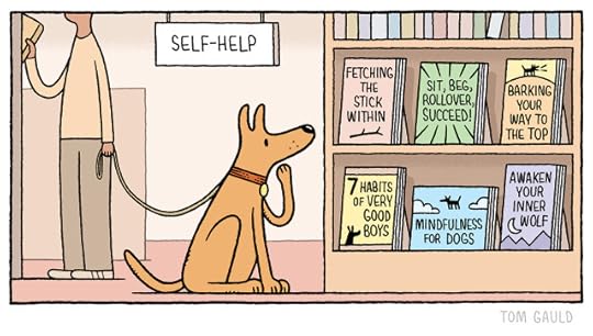 The self help department of a bookshop. A dog turns away from his master to examine some books on two low shelves. The titles are: Fetching the Stick Within Sit, Beg Rollover, Succeed! Barking your way to the top 7 Habits of Very Good Boys Mindfulness for Dogs Awaken Your Inner Wolf