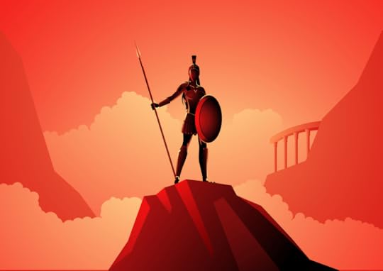 Athena stands fully armed holding her spear and shield on Mount Olympus.