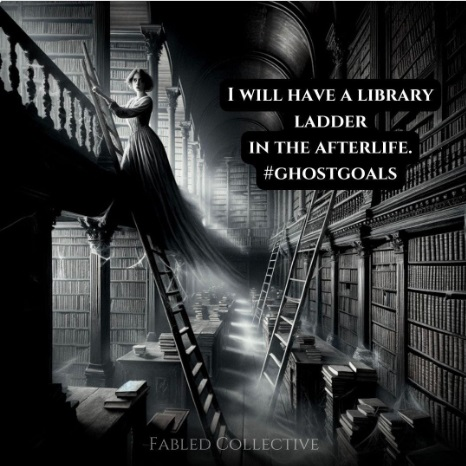 A ghost girl rides a library ladder in a library she haunts.