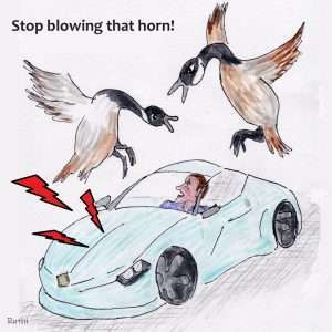 Comic geese angry at guy blowing horn in funny paper