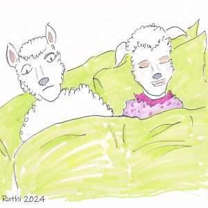 sheep in the funny paper sleeps happily while husband is wide awake - and not snoring 