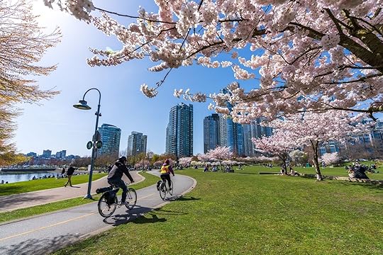 Biking past cherry blossoms