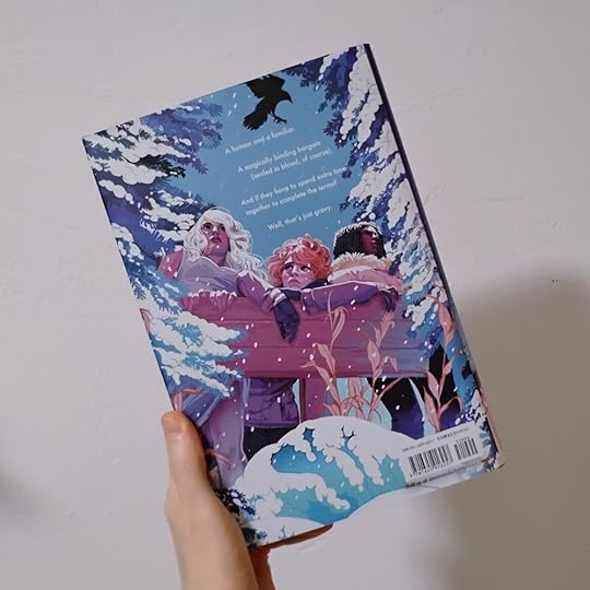 Photo of the back of Otherworldly by FT Lukens. Color scheme matches the front, but the art shows three people waiting together, leaning on a fence and a raven in the air.