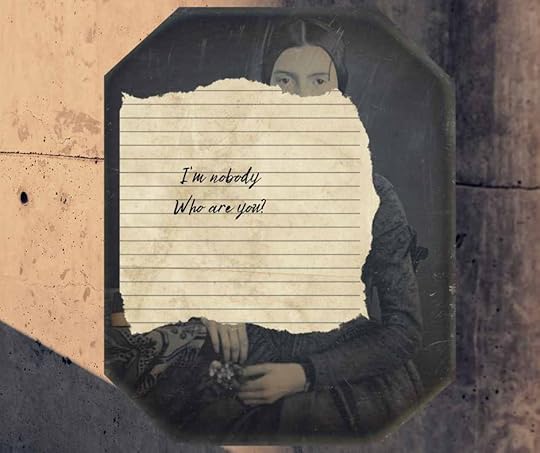 Emily Dickinson with notebook paper that says, 