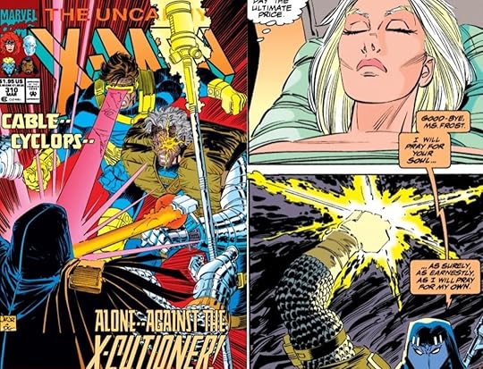 Cover art for 1993's Uncanny X-Men #310, showing Cyclops and Cable fighting X-Cutioner. Art by John Romita Jr.