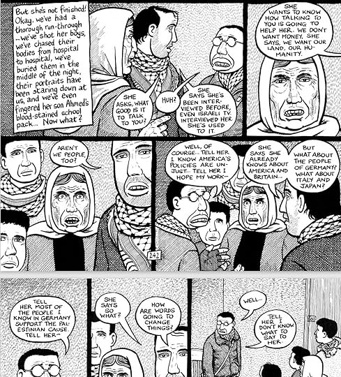  a panel from Joe Sacco's Palestine with a woman questioning what his work will do for her people