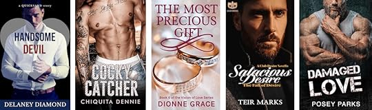 Book covers of five romance authors