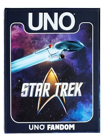 Packaging art for the UNO Fandom Star Trek deck, featuring the Starship Enterprise.