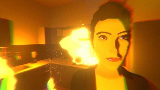 A female-presenting person stands in a burning kitchen