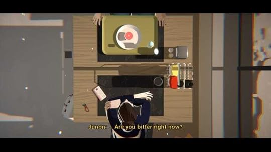 An overhead view of two people eating at a table